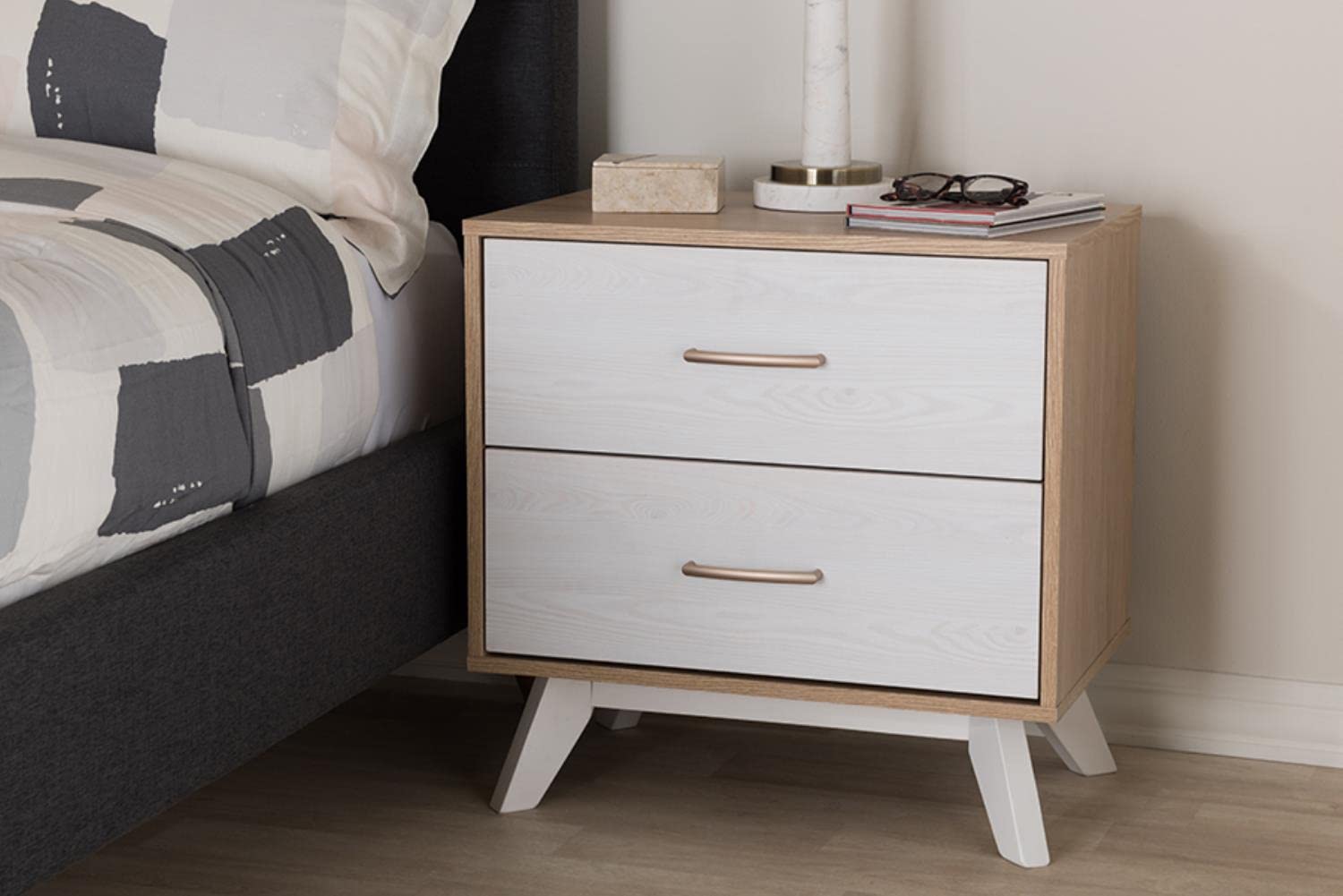 Baxton Studio Helena Mid-Century Modern Natural Oak and Whitewashed Finished Wood 2-Drawer Nightstand/Mid-Century/White/White/Particle Board/MDF